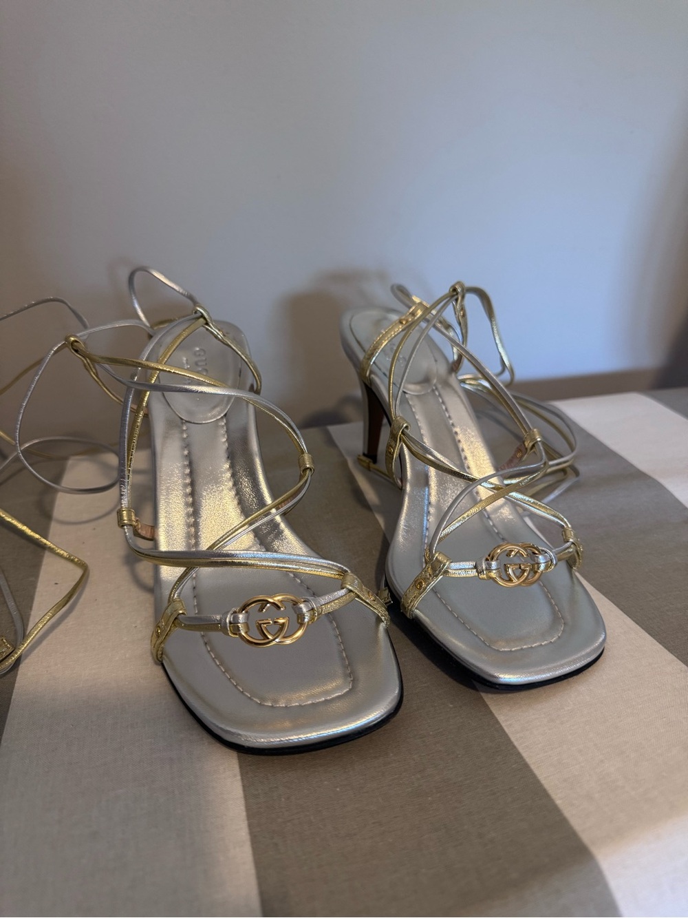 BRAND NEW Gucci Silver & Gold Strappy Women's Heeled Sandals
